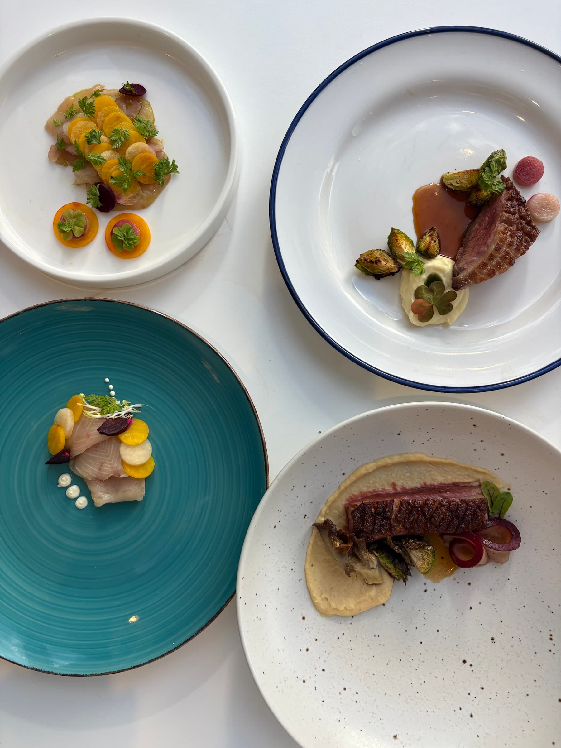 Composed plates arranged on a white table